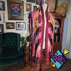Vintage 90s Chelsey II Abstract Knit Scarf Wrap Magenta Multi Color Boho Fringe